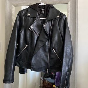 Faux leather black biker jacket with hood